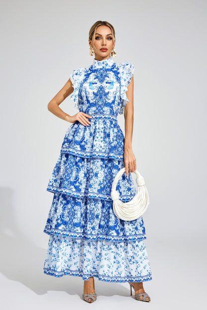 Serena Kraliyet Mavisi Katlı Maxi Elbise