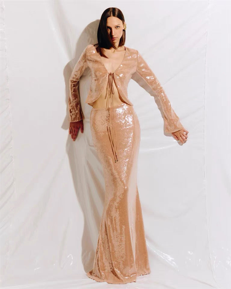 Sierra Rose Altın Pullu Set Maxi Elbise