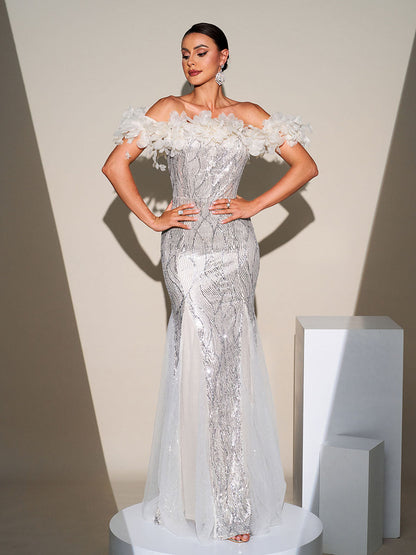 Linnea Omuzları Açık Aplike Maxi Elbise