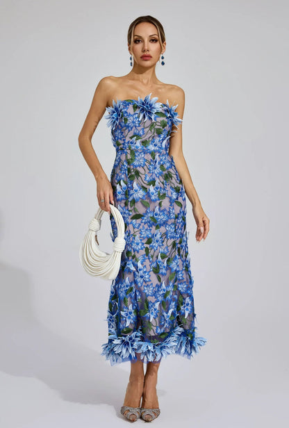 Rosalia 3D Çiçek  Dantel Midi Elbise