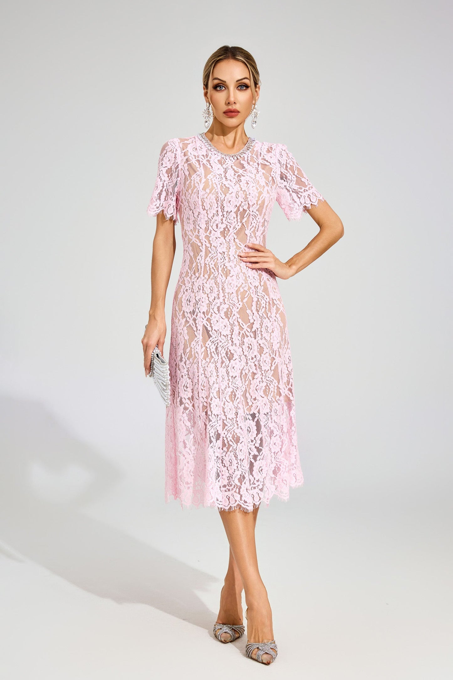 Jolie Şeffaf Pembe  Dantel Midi Elbise