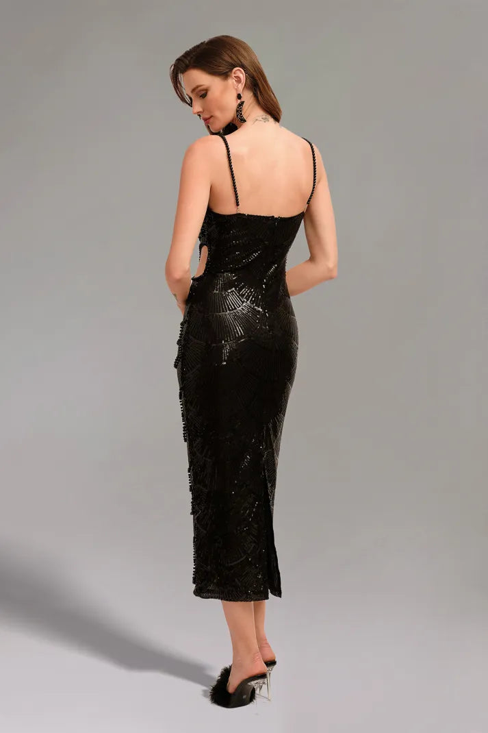 Teressa Black Pearl Ozdobna Długa Sukienka na Ramiączkach