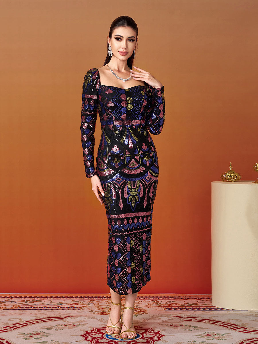 Juno Kare Yaka Uzun Kollu Midi Elbise