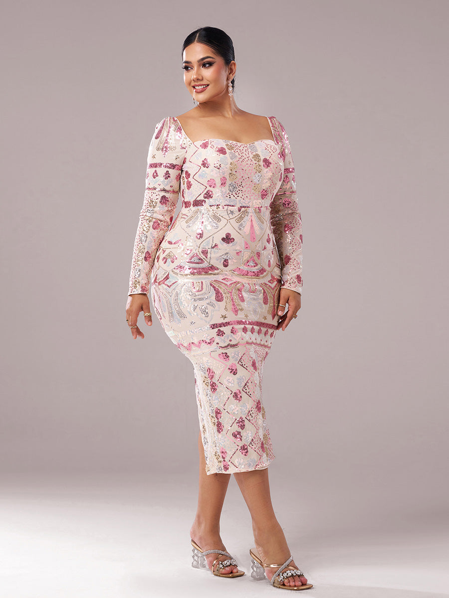 Juno Kare Yaka Uzun Kollu Midi Elbise