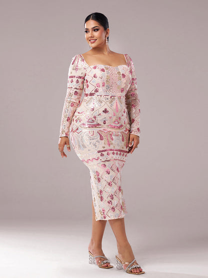 Juno Kare Yaka Uzun Kollu Midi Elbise