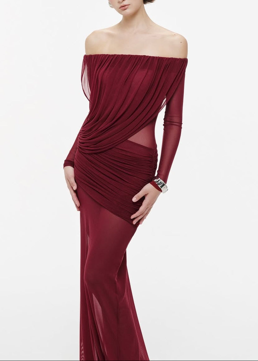 Apolline Drapeli Abiye Maxi Elbise-Bordo