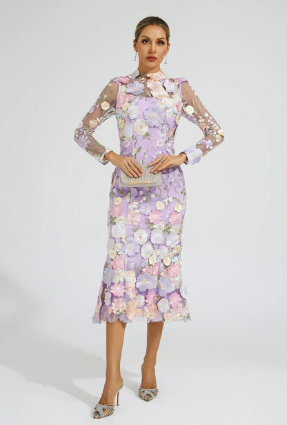 Mor Çiçek İşlemeli Midi Elbise