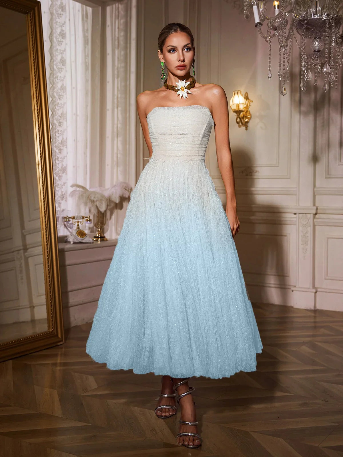 Parlak Gök Mavisi Maxi Tül Elbise