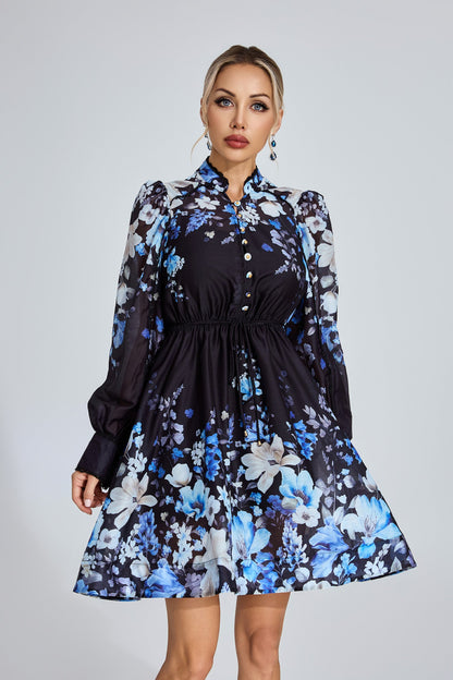 Lucienne Mavi Çiçekli Mini Elbise