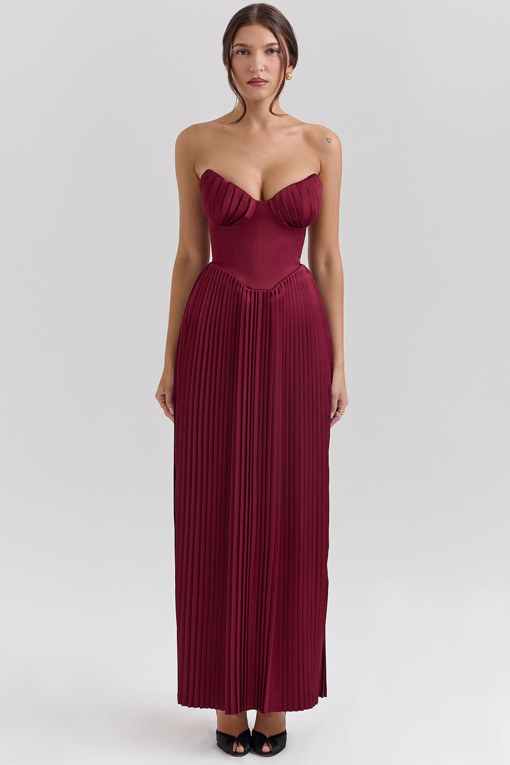 Céleste Pileli Bustier Maxi Elbise - Bordo