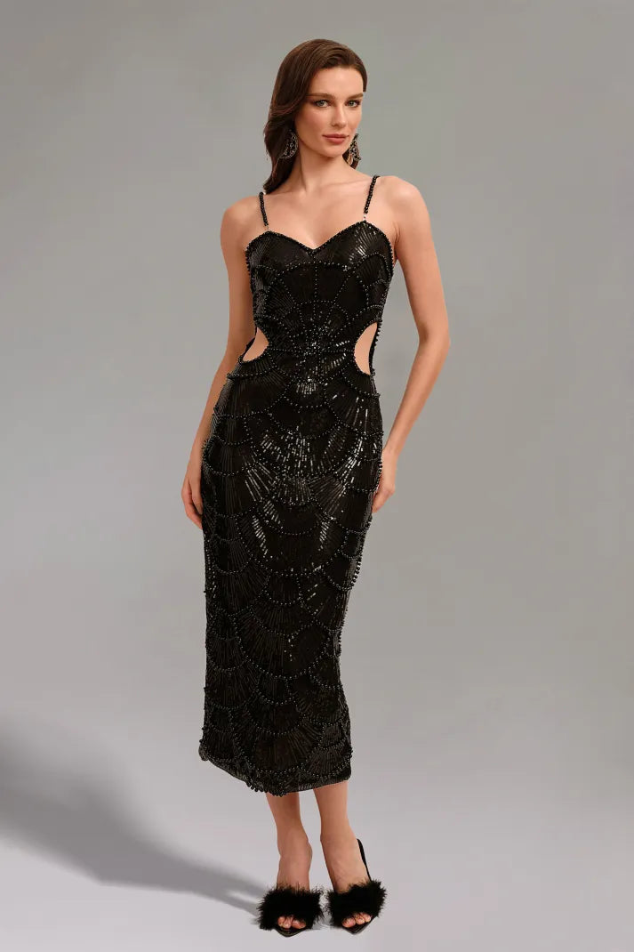 Teressa Black Pearl Ozdobna Długa Sukienka na Ramiączkach