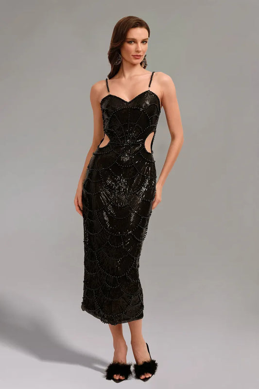 Teressa Siyah İnci İşlemeli Askılı Maxi Elbise