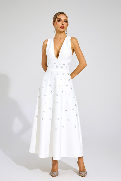 Sukienka maxi Céleste White Crystal Embellished