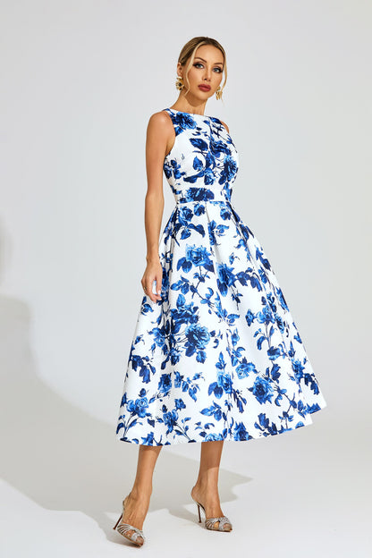 Azure Blossom A-Line Midi Elbise