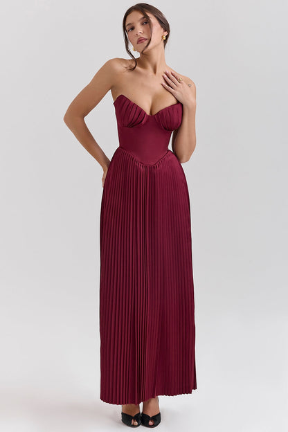 Céleste Pileli Bustier Maxi Elbise - Bordo