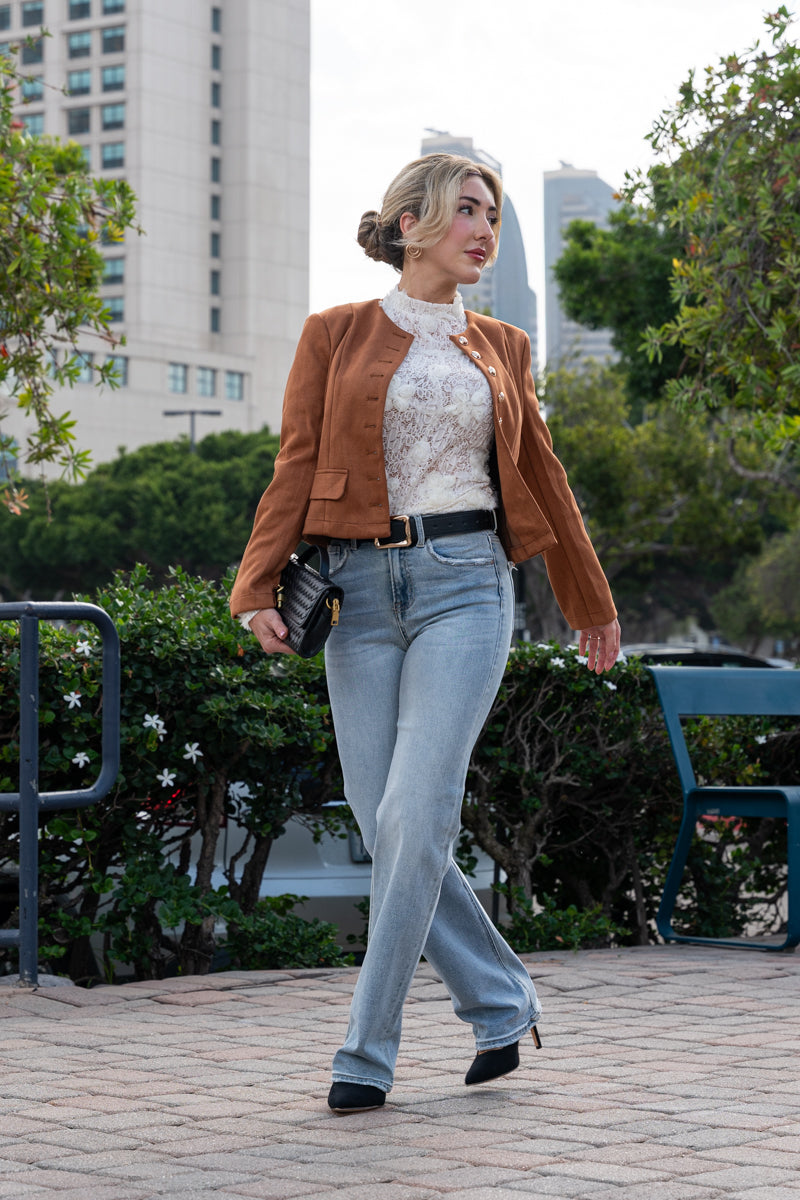 Uzun Kollu Düğmeli Vegan Süet Ceket