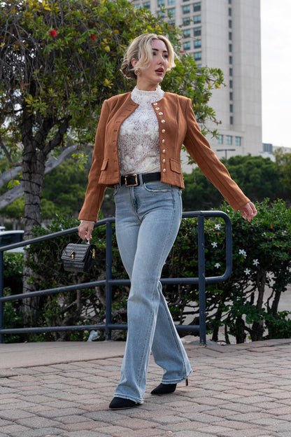 Uzun Kollu Düğmeli Vegan Süet Ceket