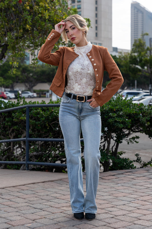 Uzun Kollu Düğmeli Vegan Süet Ceket