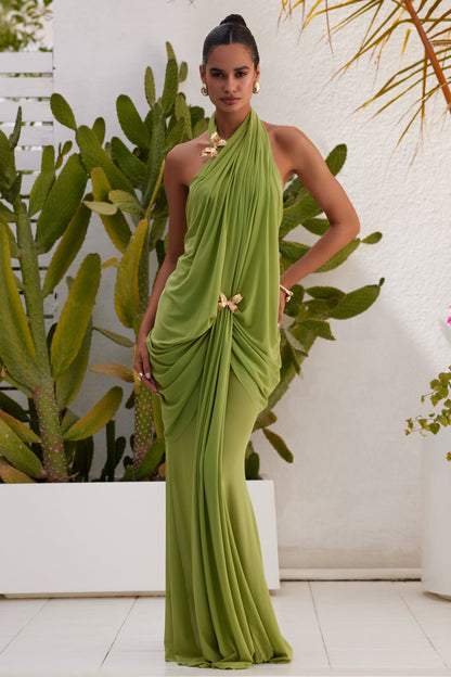 Theonie Yeşil Dökümlü Askılı Maksi Elbise