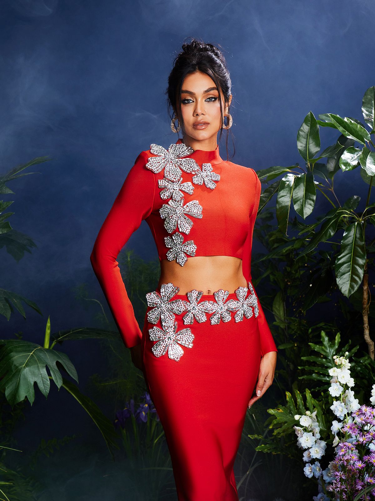 Almira Uzun Kollu Çiçekli Bandaj Etek Seti, Kırmızı