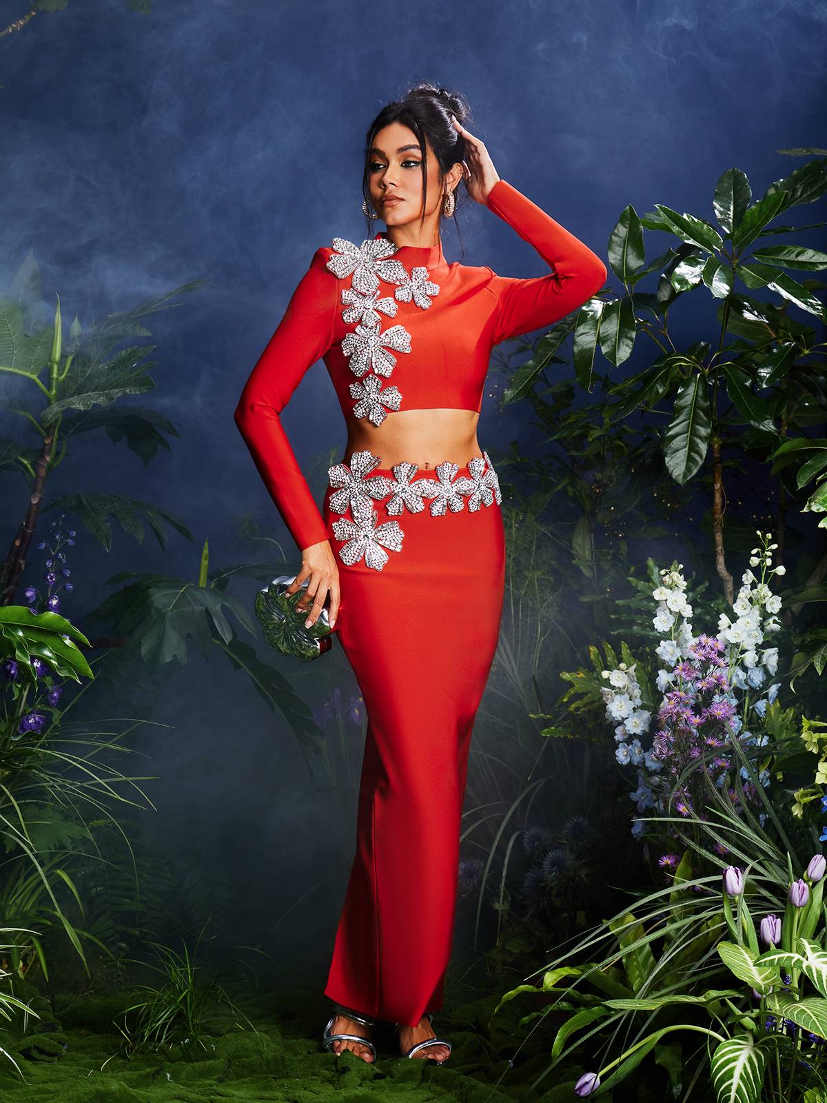 Almira Uzun Kollu Çiçekli Bandaj Etek Seti, Kırmızı