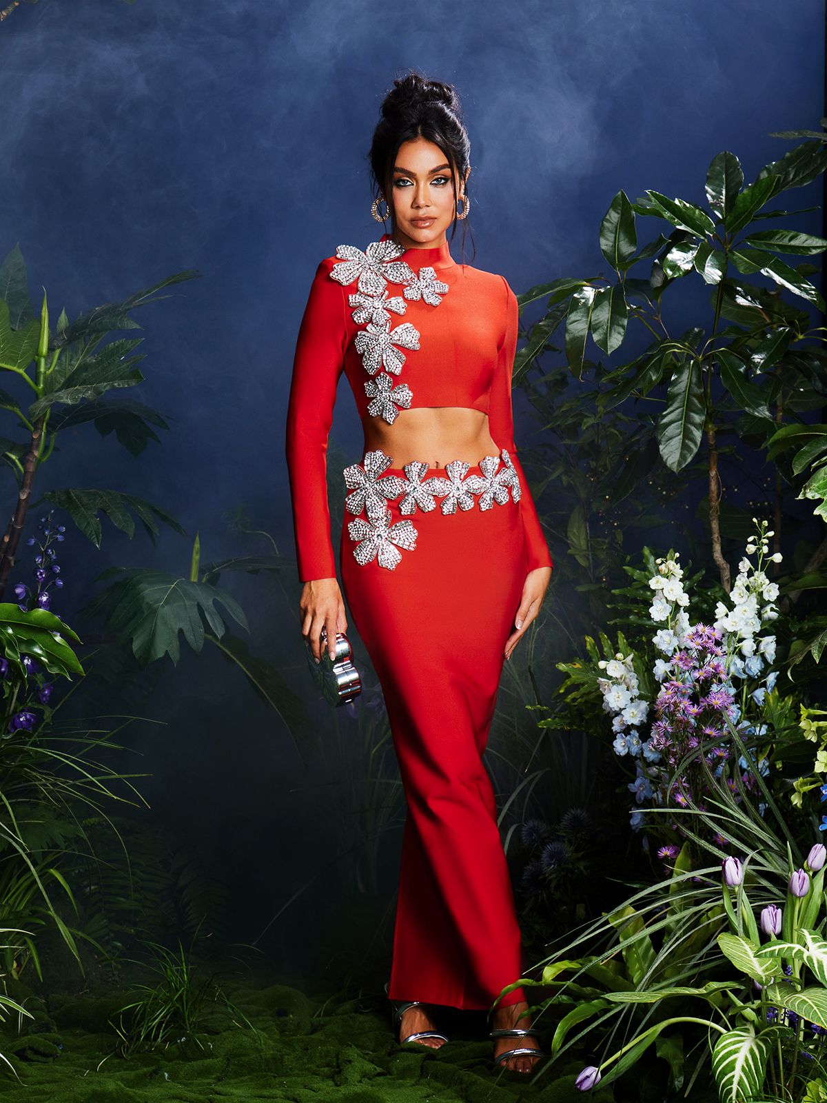 Almira Uzun Kollu Çiçekli Bandaj Etek Seti, Kırmızı