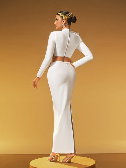 Almira Uzun Kollu Çiçekli Bandaj Etek Seti, Beyaz