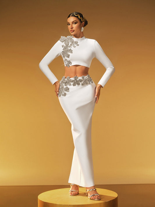 Almira Uzun Kollu Çiçekli Bandaj Etek Seti, Beyaz