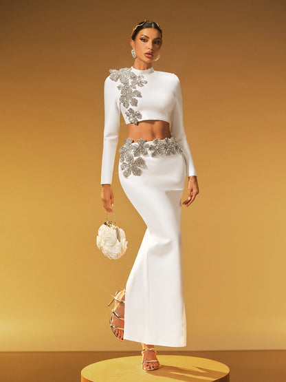 Almira Uzun Kollu Çiçekli Bandaj Etek Seti, Beyaz