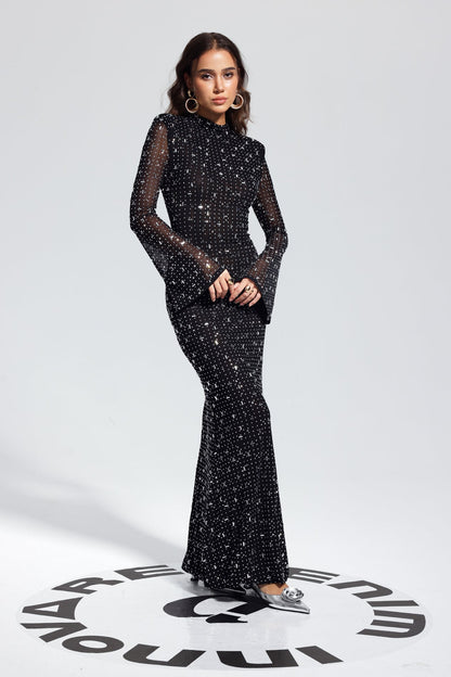 Andie Rhinestone Bodycon Uzun Kollu Maksi Elbise