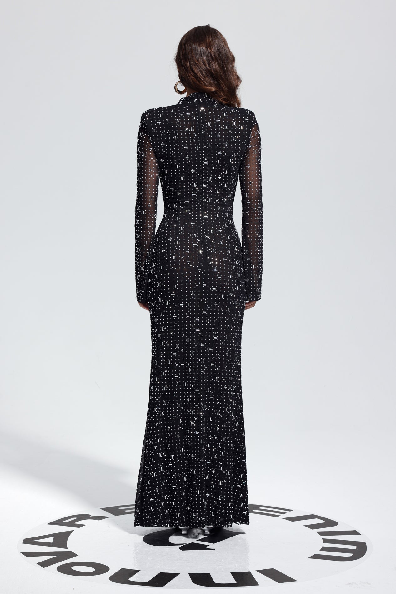 Andie Rhinestone Bodycon Uzun Kollu Maksi Elbise