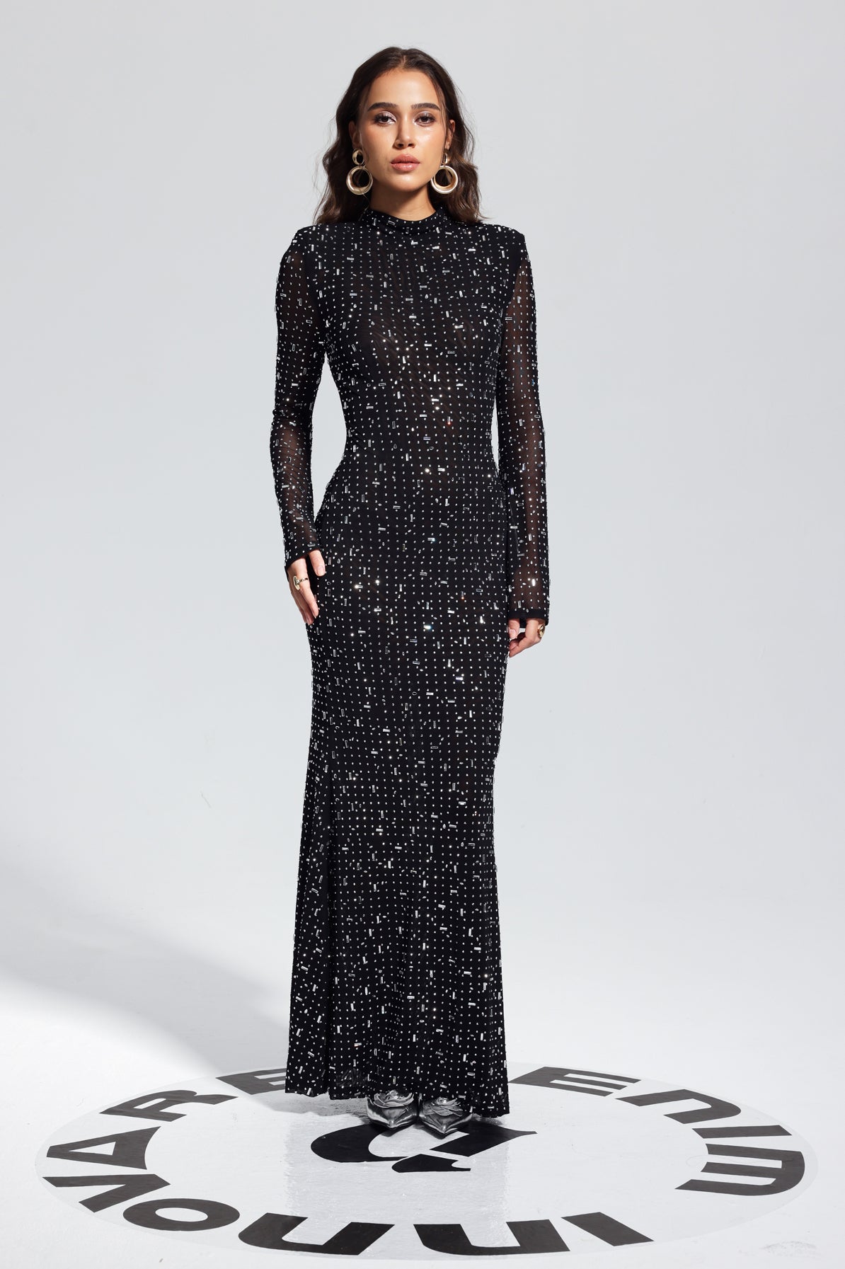 Andie Rhinestone Bodycon Uzun Kollu Maksi Elbise