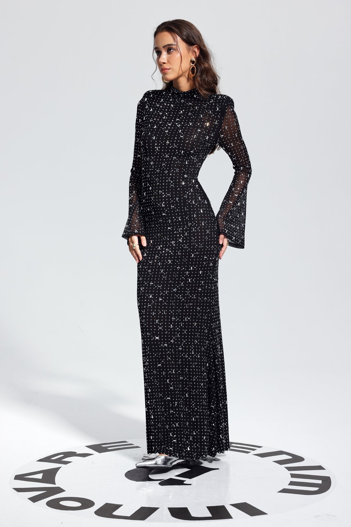 Andie Rhinestone Bodycon Uzun Kollu Maksi Elbise