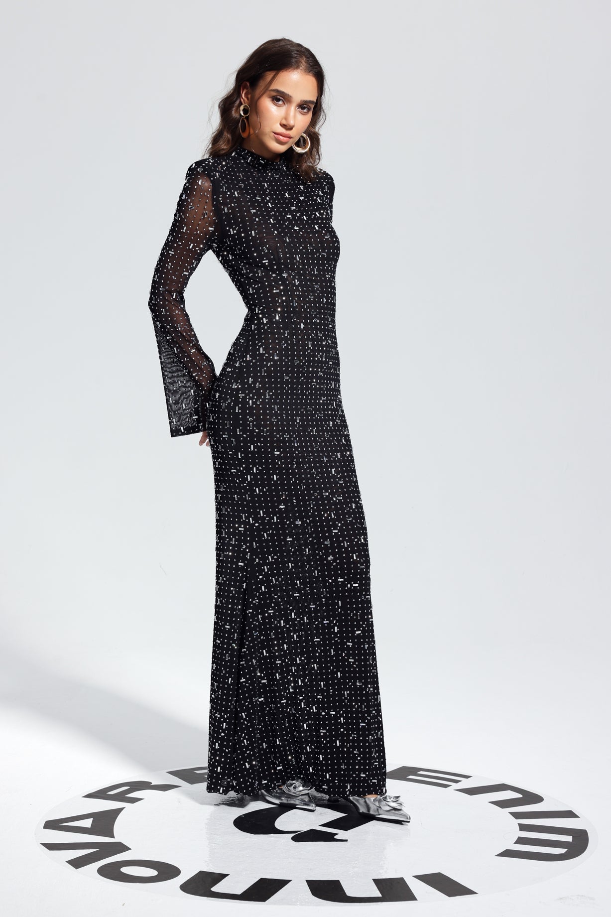 Andie Rhinestone Bodycon Uzun Kollu Maksi Elbise