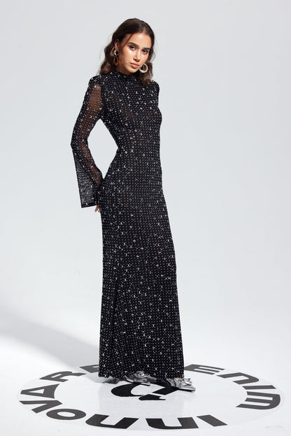 Andie Rhinestone Bodycon Uzun Kollu Maksi Elbise