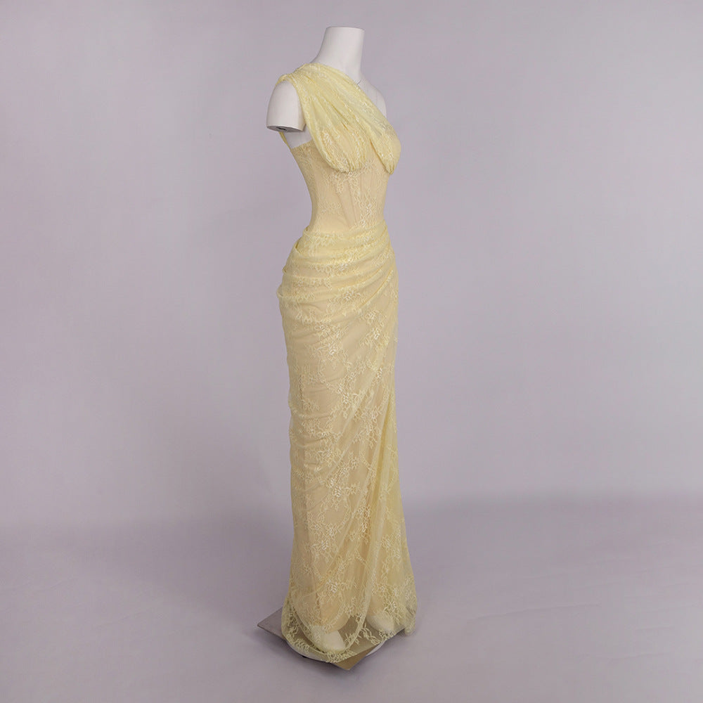 Melisande Tek Omuz Maxi Elbise-Sarı
