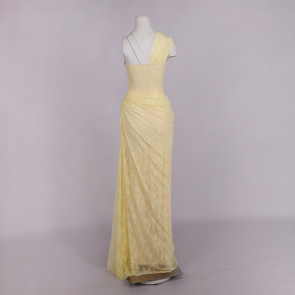 Melisande Tek Omuz Maxi Elbise-Sarı