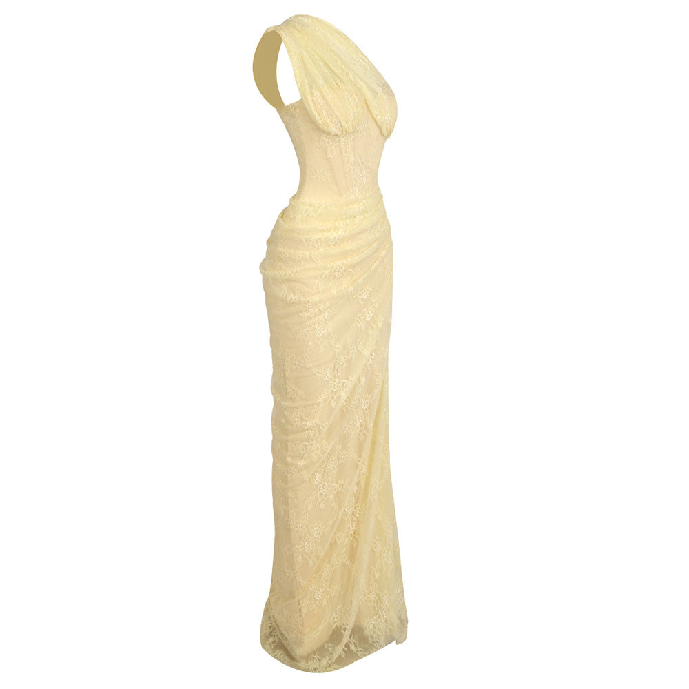 Melisande Tek Omuz Maxi Elbise-Sarı