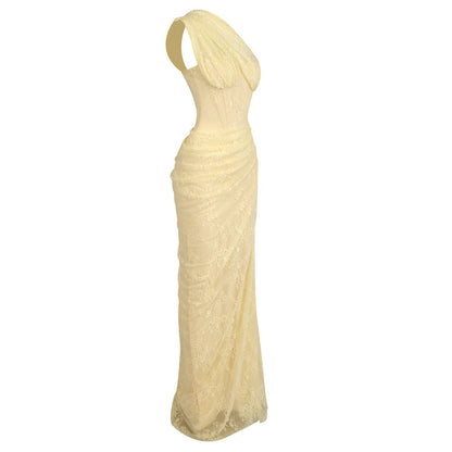 Melisande Tek Omuz Maxi Elbise-Sarı