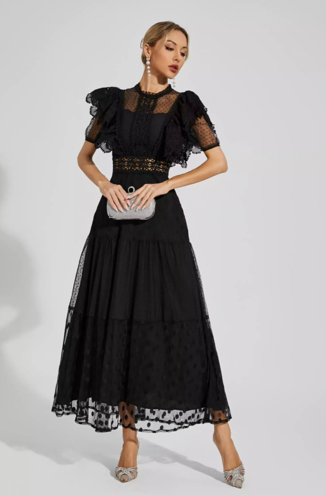 Noor Puantiyeli Siyah Maksi Elbise