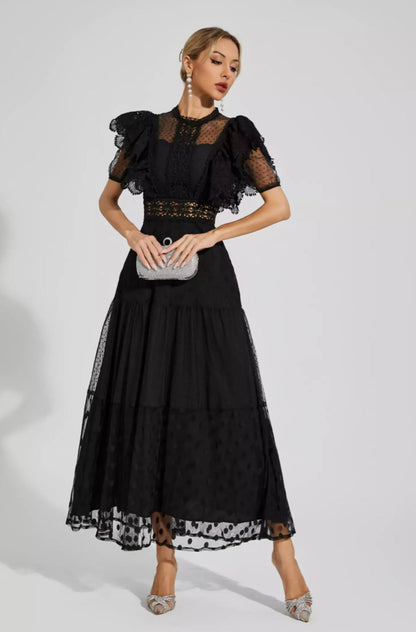 Noor Puantiyeli Siyah Maksi Elbise