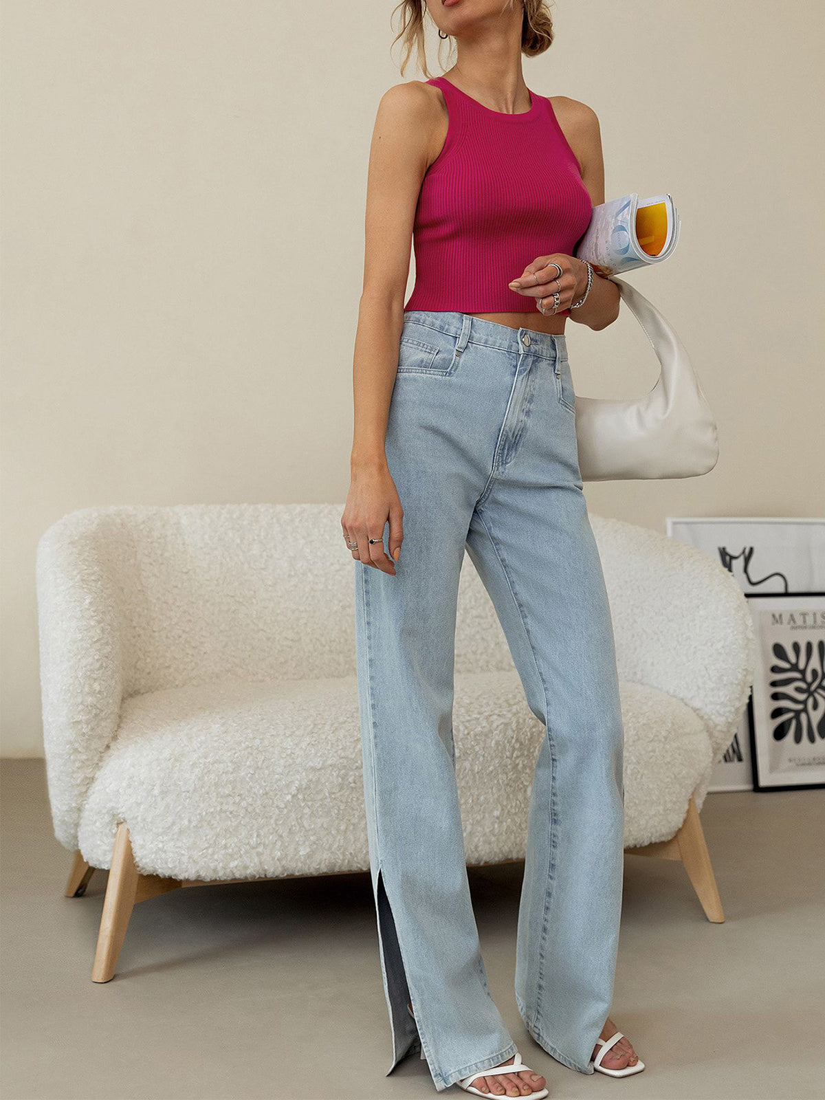 Gładki, prążkowany sweter-kamizelka