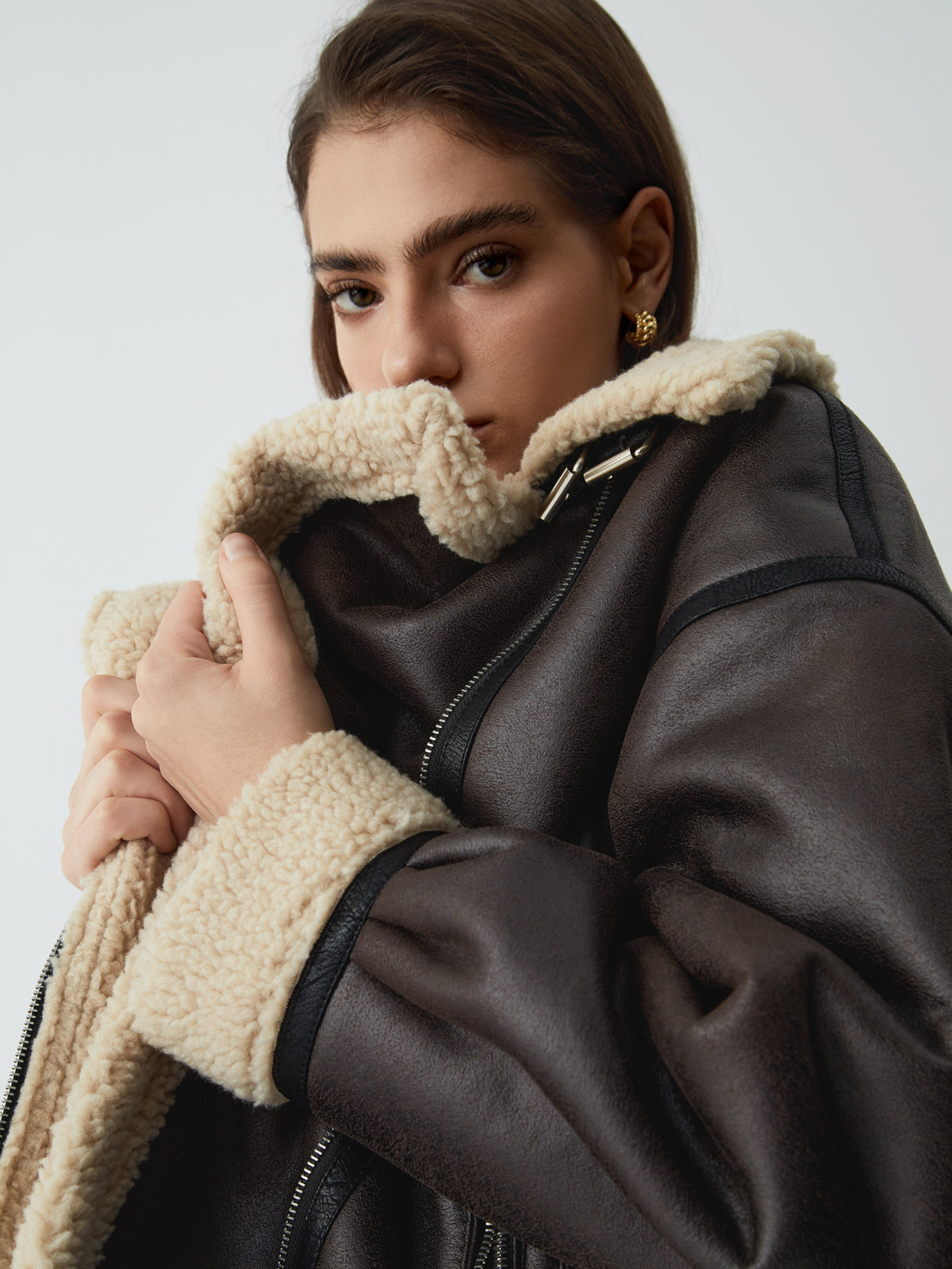 Klasik Sherpa Astarlı Shearling Deri Uçuş Mont