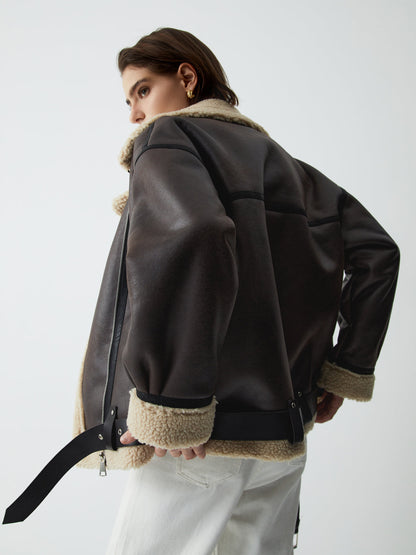 Klasik Sherpa Astarlı Shearling Deri Uçuş Mont