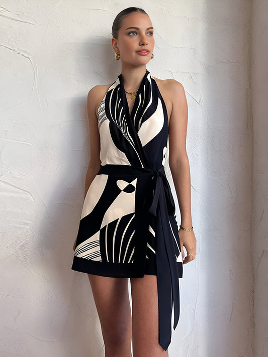 Baskılı Halter Kuşaklı Mini Elbise