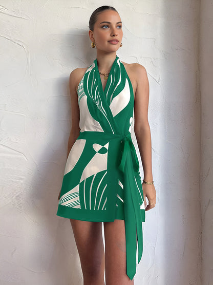 Baskılı Halter Kuşaklı Mini Elbise