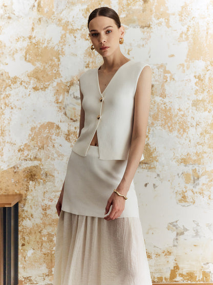 Düz Düğmeli Örgü Midi Etek Takım