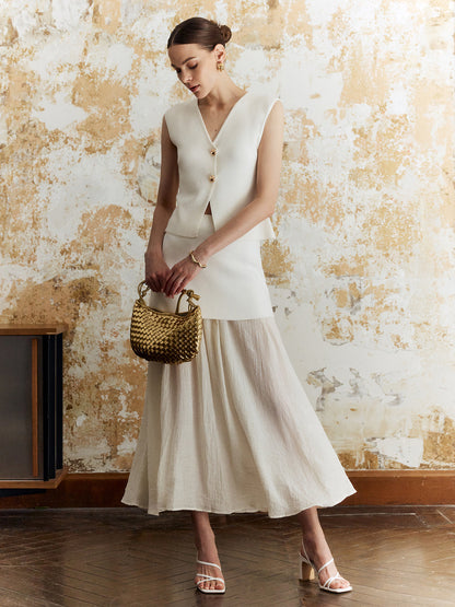 Düz Düğmeli Örgü Midi Etek Takım