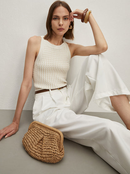 Gładki dzianinowy top z okrągłym dekoltem