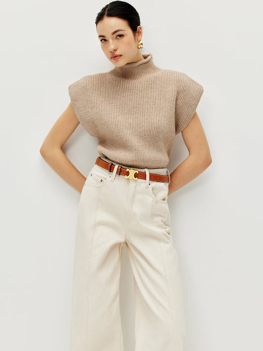 Prążkowany, ciepły sweter z krótkim rękawem